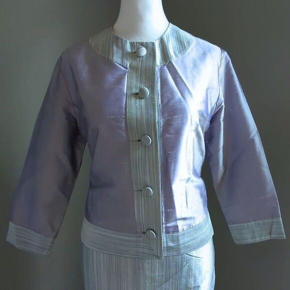 Vintage 1990s Sansappelle Jacket and Skirt Set Purple Silk Striped Size 6-8 - Picture 5 of 15